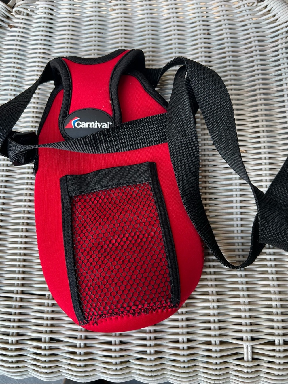 Carnival Red Neoprene Crossbody Bottle Carrier with Mesh Pocket